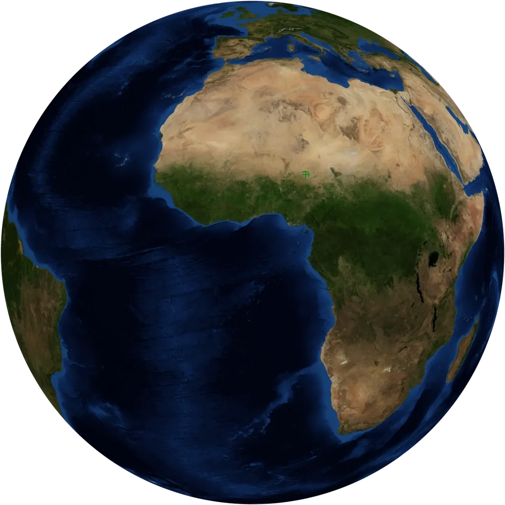 The Earth as a 3D globe, centered on Africa.